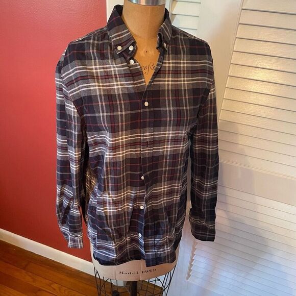 H&M | red gray multicolor plaid button up shirt S - Picture 2 of 7